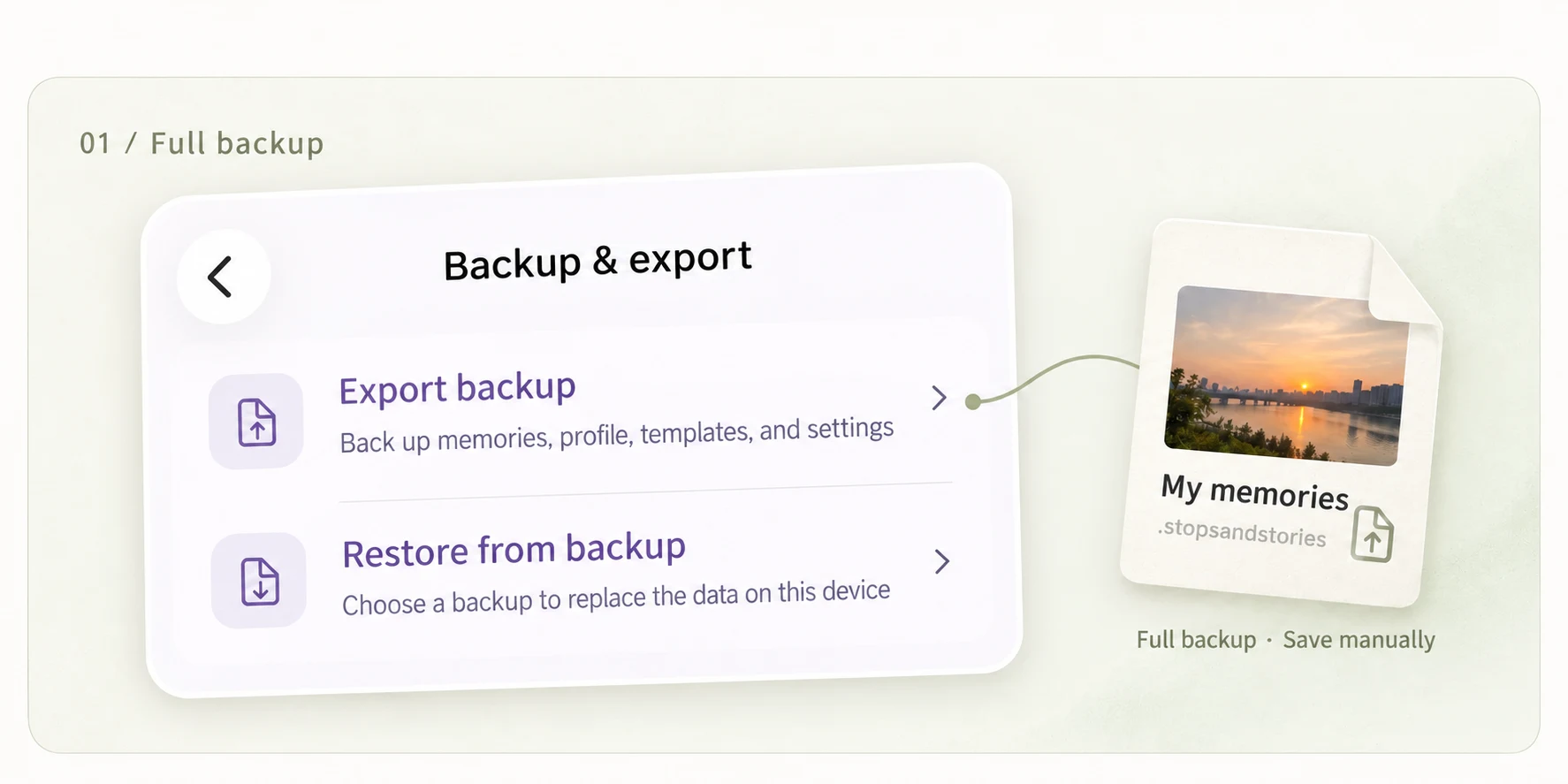 Full backup and restore illustration: export a backup, restore it and keep your memory file