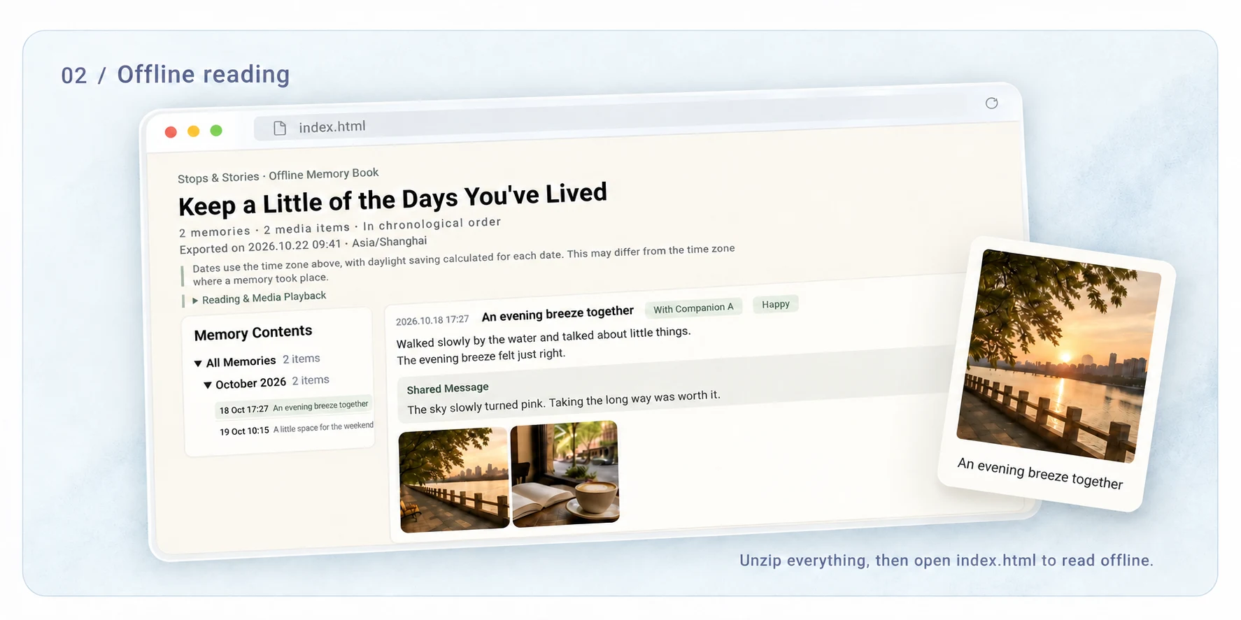 HTML memory package illustration: a computer browser showing the contents, writing, shared messages and photos