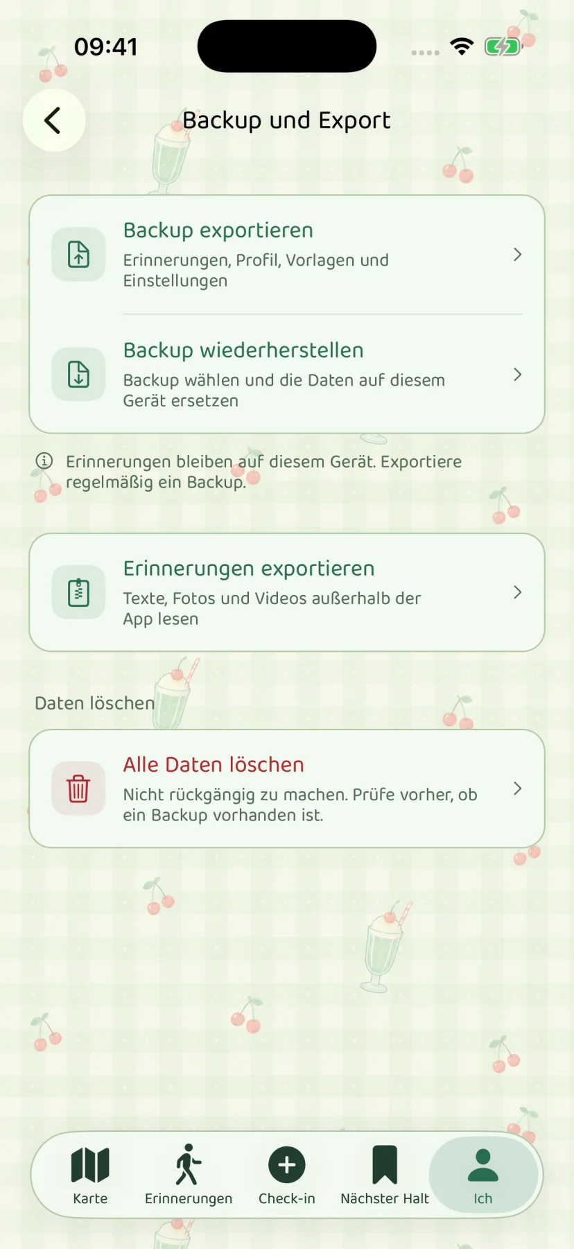 Vollständiges Backup und Wiederherstellung — nativer App-Bildschirm mit fiktiven Beispielinhalten