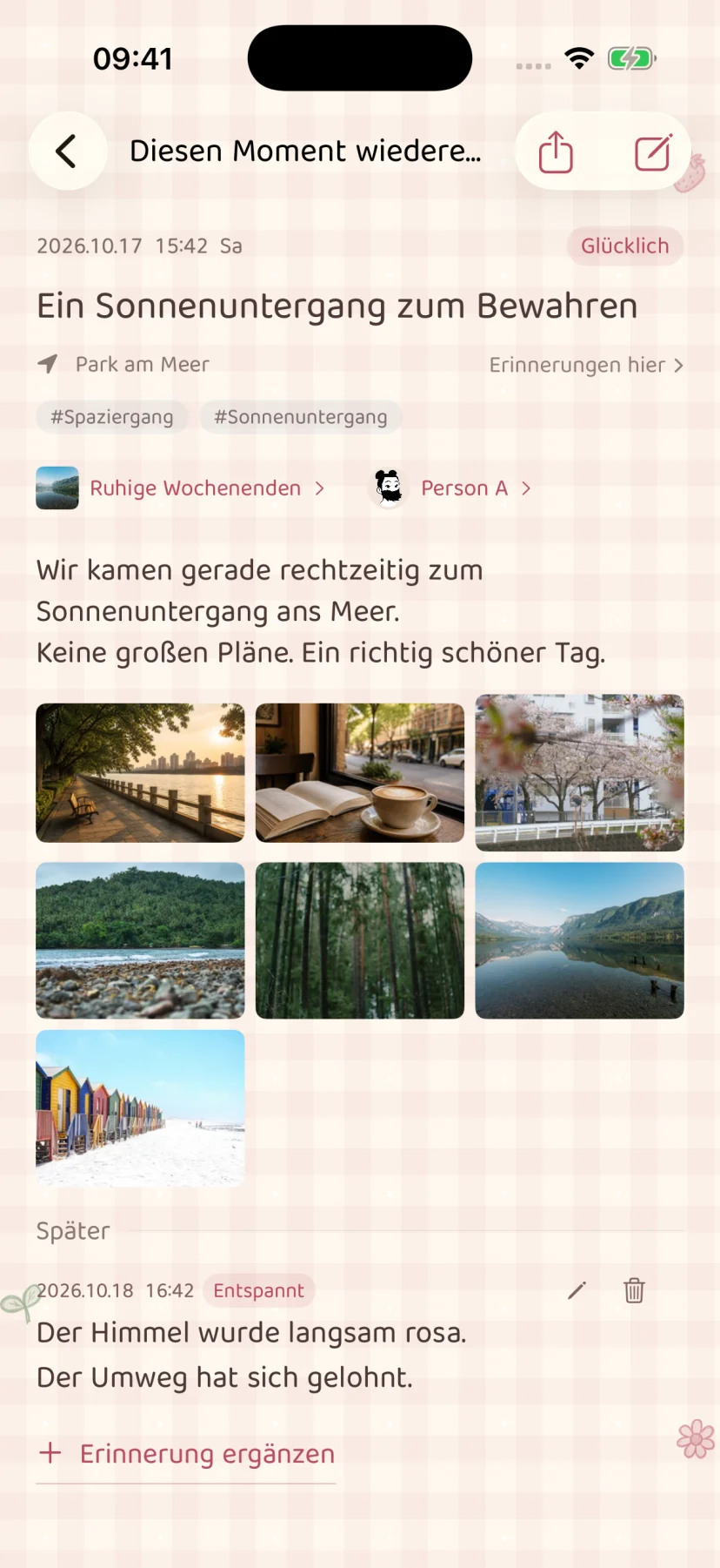 Deutscher Erinnerungseintrag mit fiktivem Text und Beispielmedien