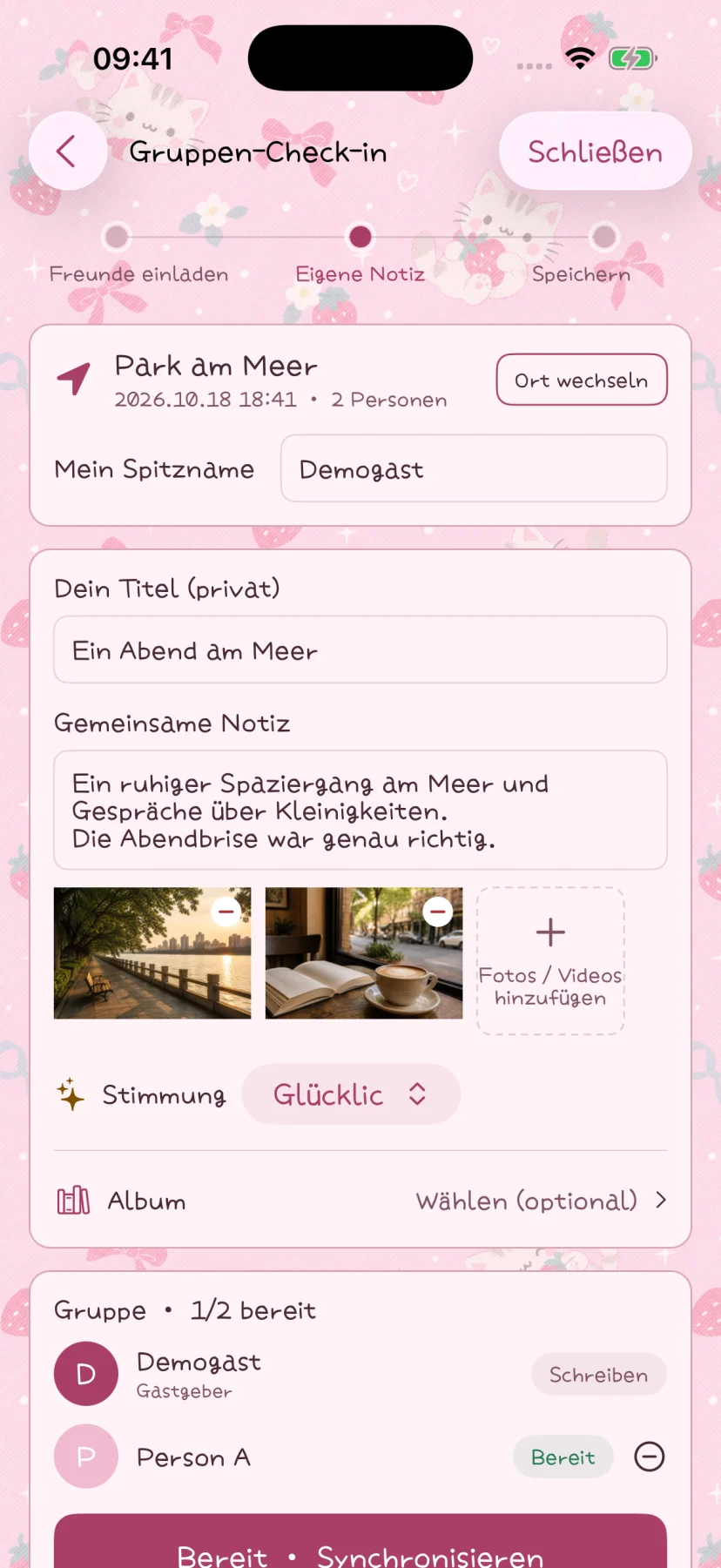 Der Editor für Gruppen-Check-ins mit Titel, Notizen und Fotos