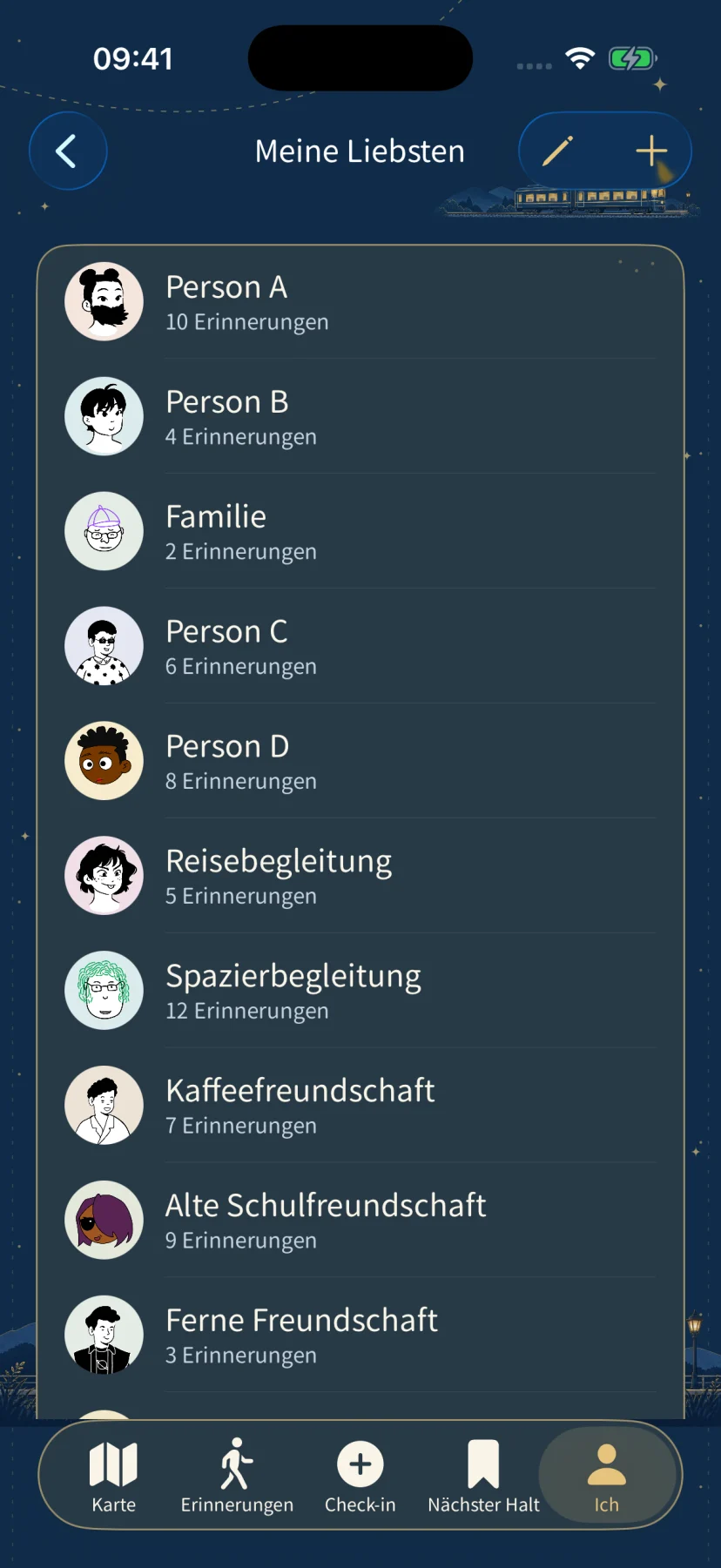 Menschen und ihre Erinnerungen — nativer App-Bildschirm mit fiktiven Beispielinhalten