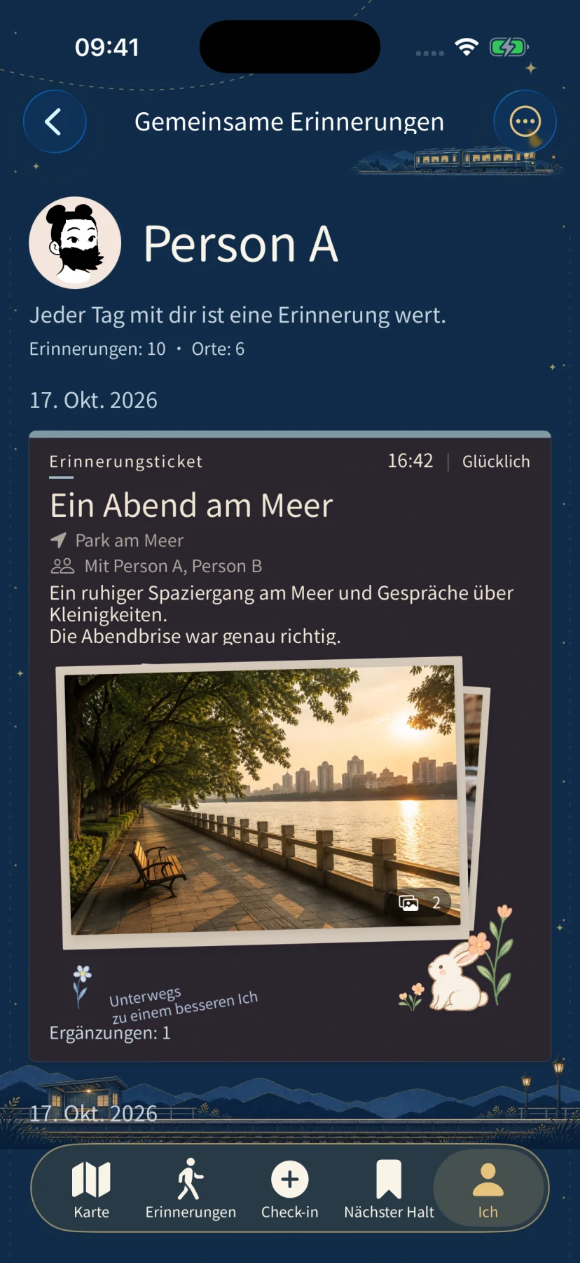 Erinnerungen mit dem fiktiven Begleiter A und fiktiven Einträgen