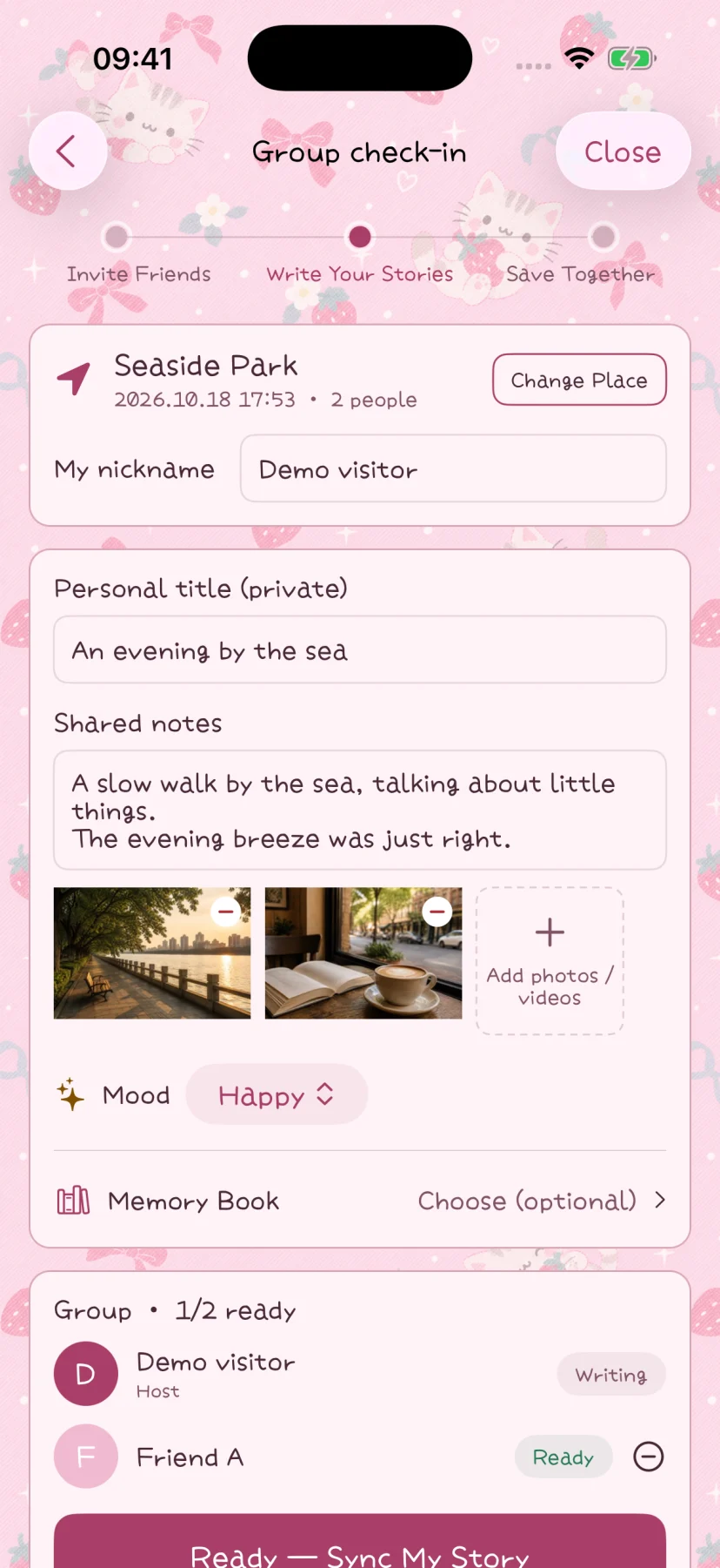 The group check-in editor with a title, notes and photos