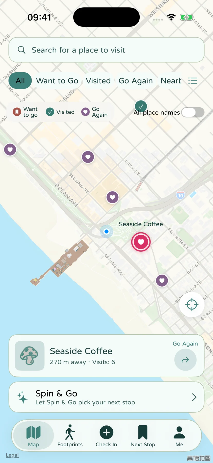 English app map showing fictional saved places