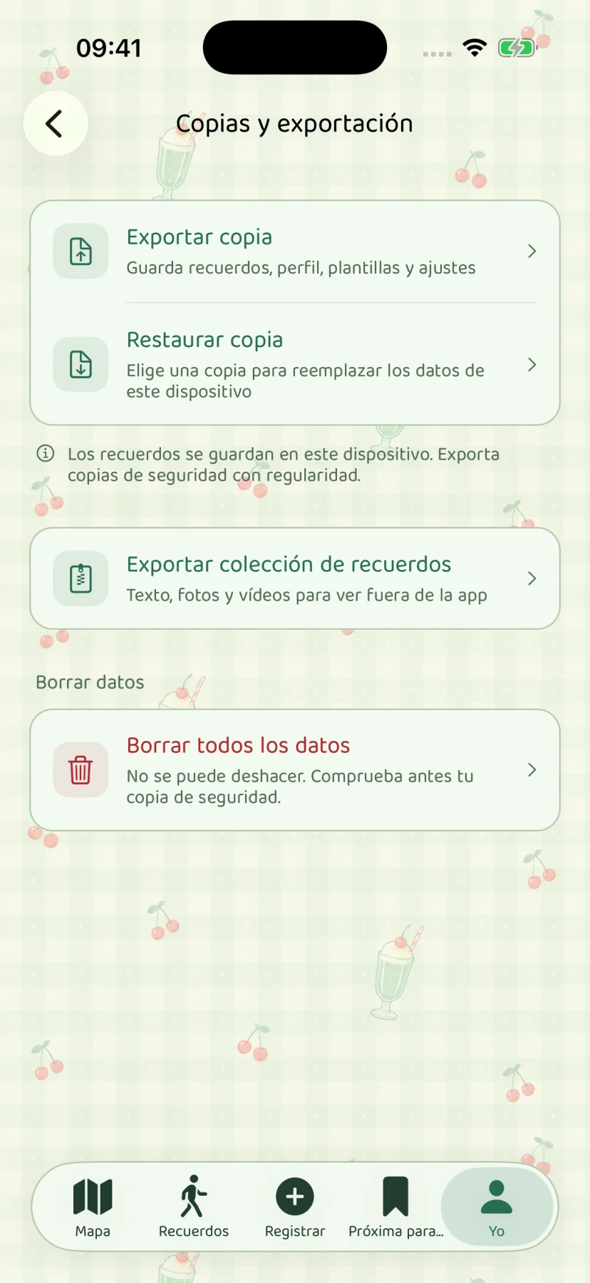 Copia completa y restauración: pantalla nativa con contenido ficticio
