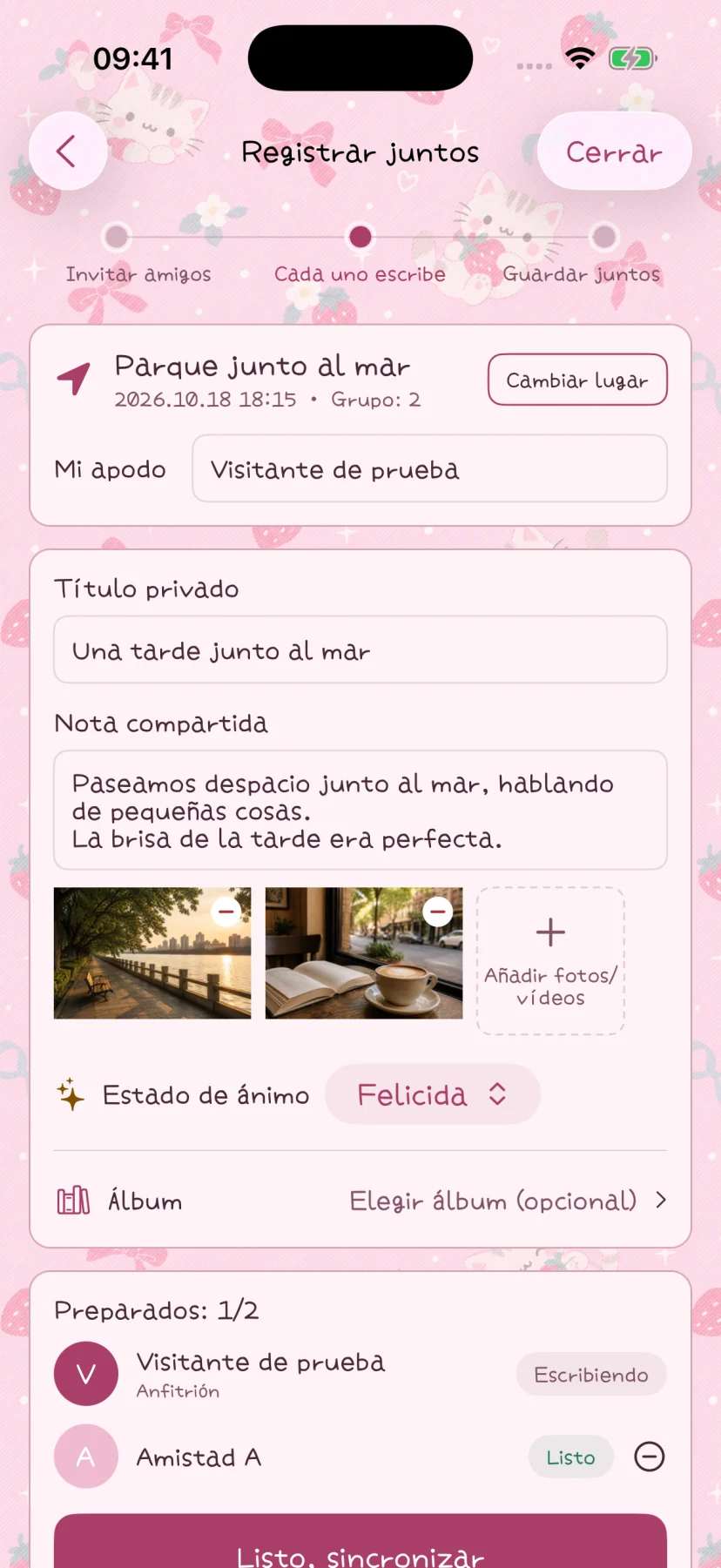 El editor de registro en grupo con título, notas y fotos