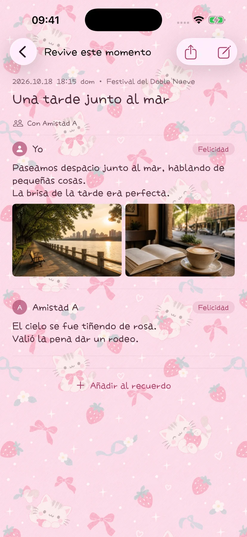 Recuerdo en grupo en español con participantes ficticios y contenido de ejemplo