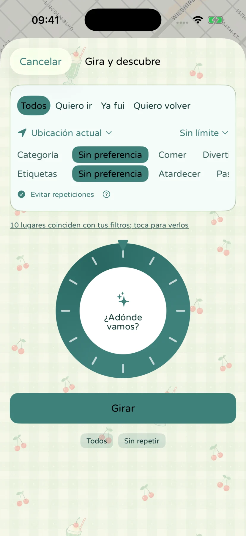 Pantalla en español de Gira y descubre con filtros de estado, distancia, categoría y etiquetas y lugares ficticios