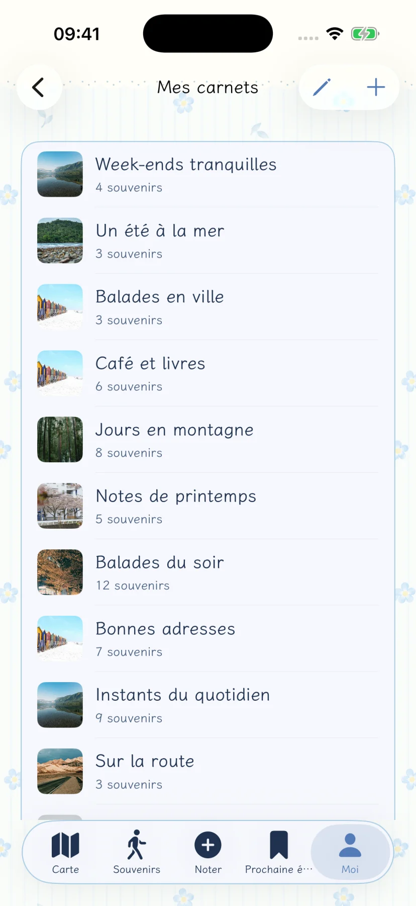 Créer des carnets de souvenirs — écran natif de l’app avec des exemples fictifs