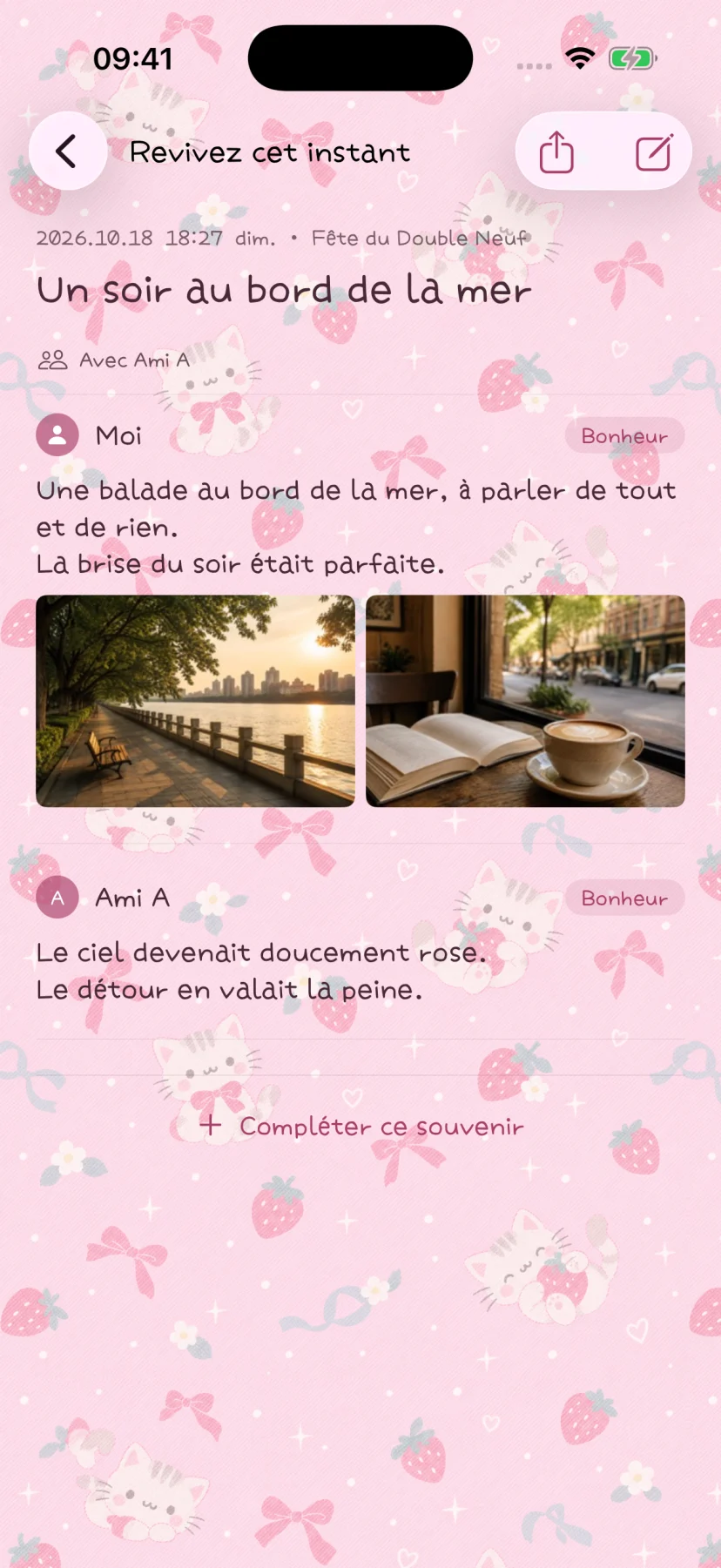Souvenir de groupe en français avec des participants et des contenus fictifs