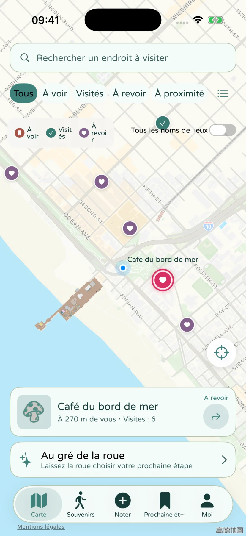 Une carte du littoral avec des lieux enregistrés fictifs