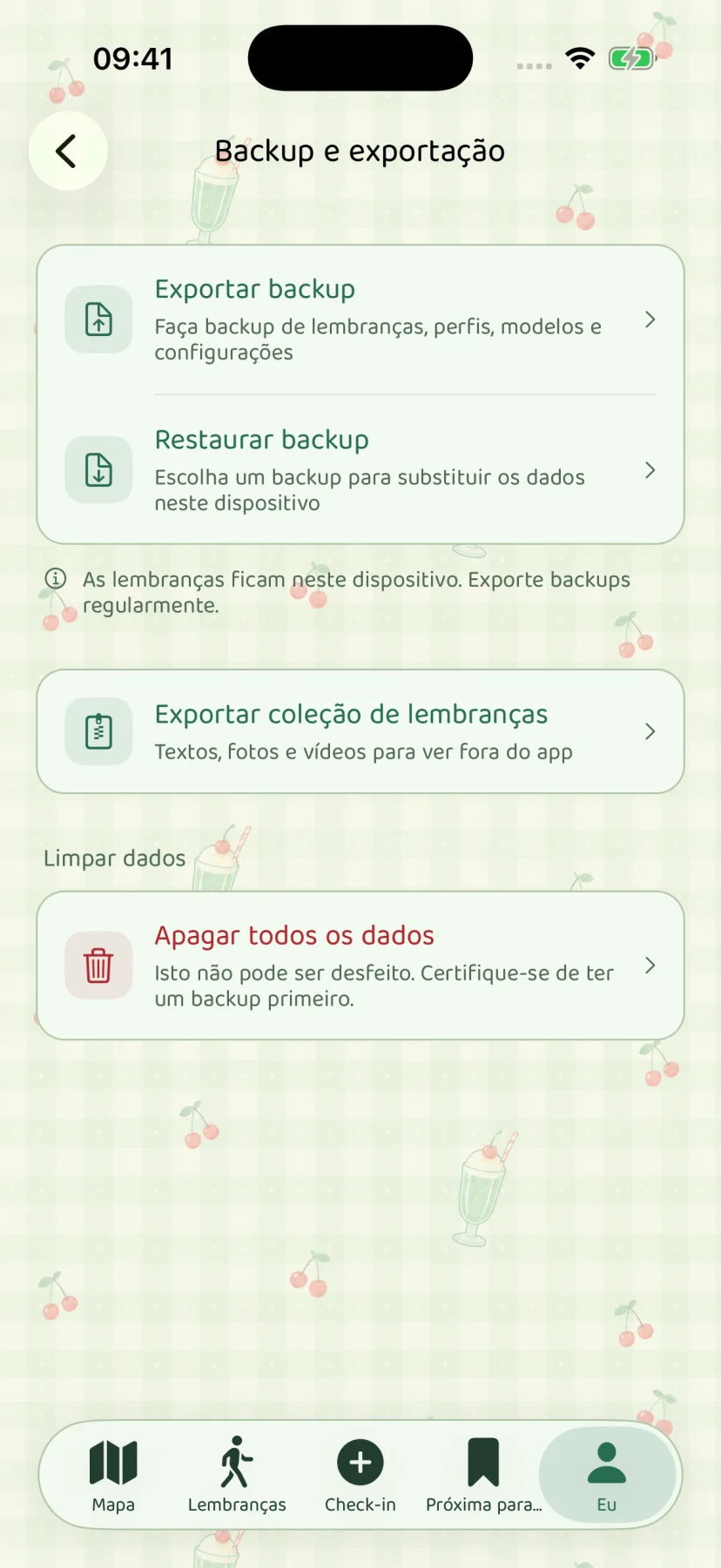 Backup completo e restauração — tela nativa do app com conteúdo fictício de exemplo