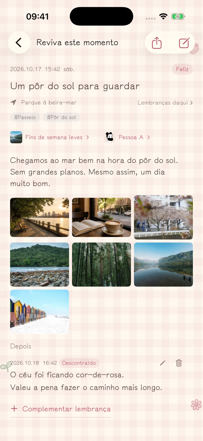 Registro de lembrança em português com texto fictício e mídias de exemplo