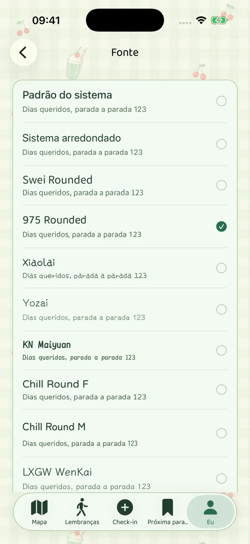 Configurações de fonte em português mostrando fontes compatíveis com o idioma