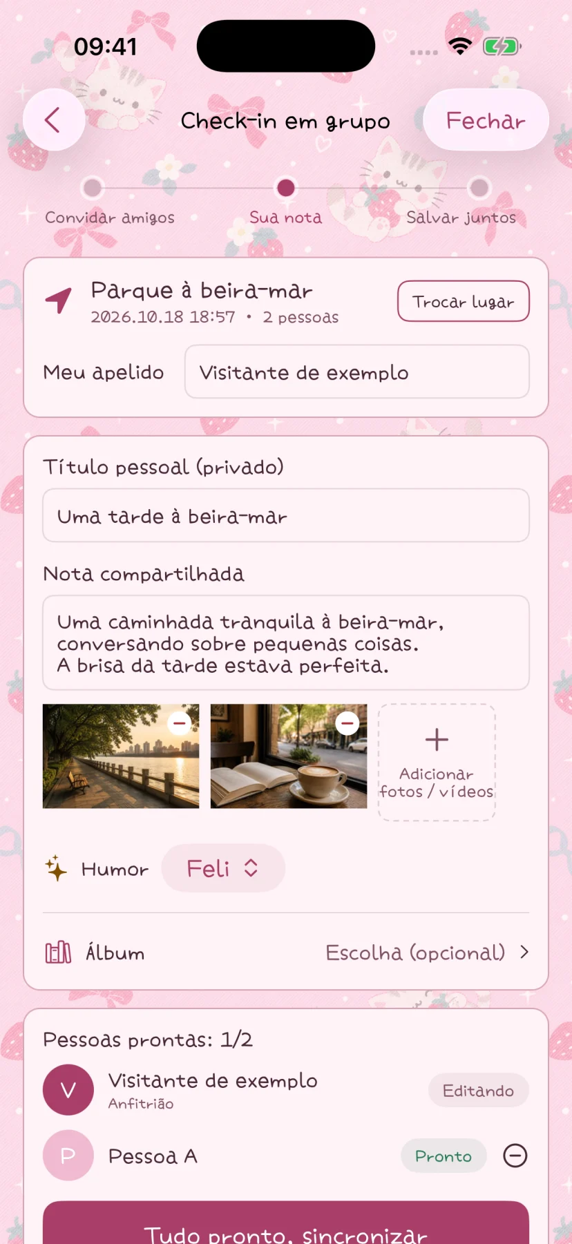O editor de check-in em grupo com título, notas e fotos