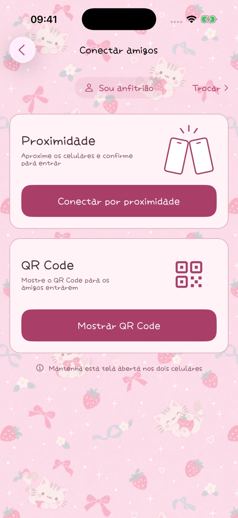 Façam check-in juntos, pessoalmente — tela nativa do app com conteúdo fictício de exemplo