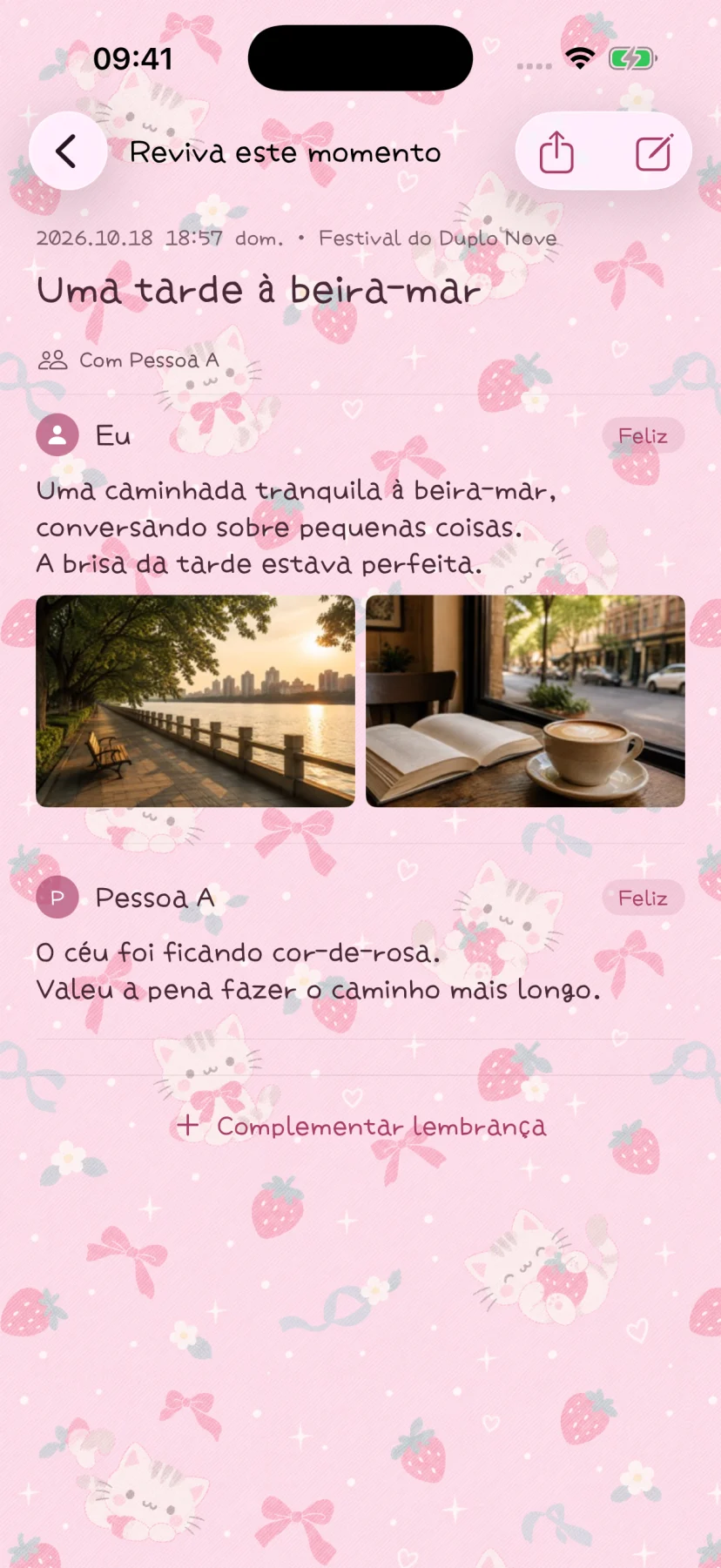 Lembrança em grupo em português com participantes fictícios e conteúdo de exemplo
