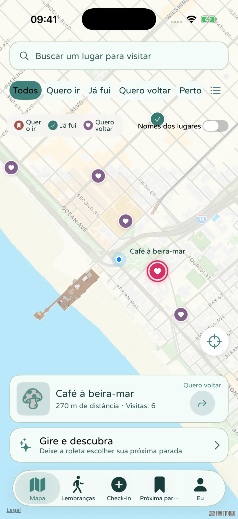Um mapa do litoral com lugares salvos fictícios