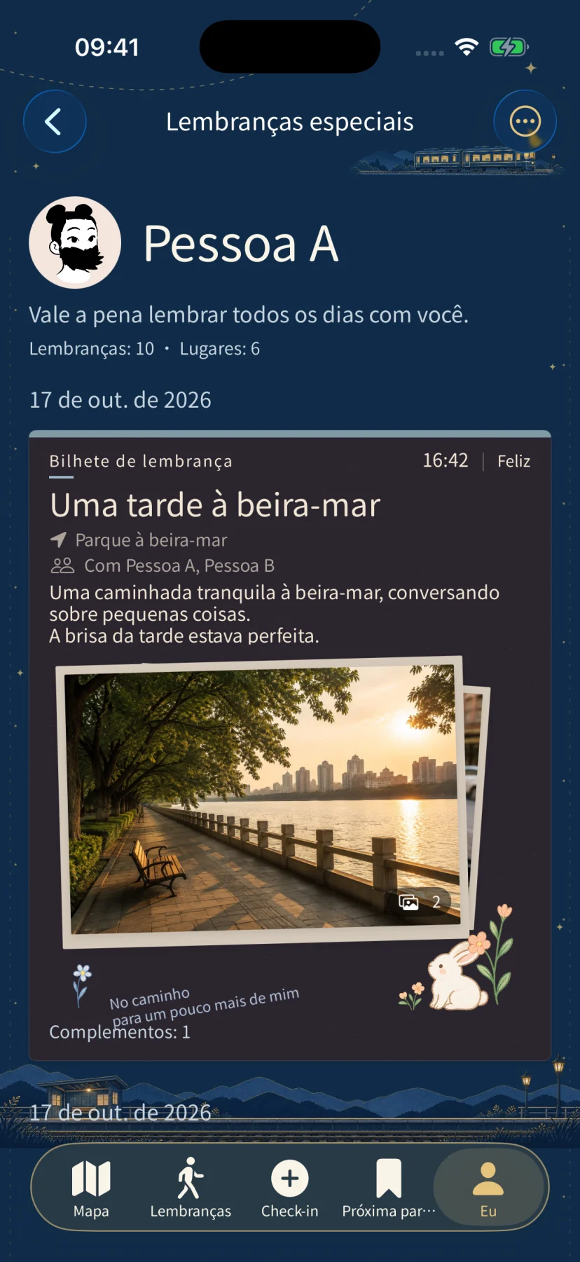 Lembranças com a pessoa fictícia Acompanhante A, usando registros fictícios