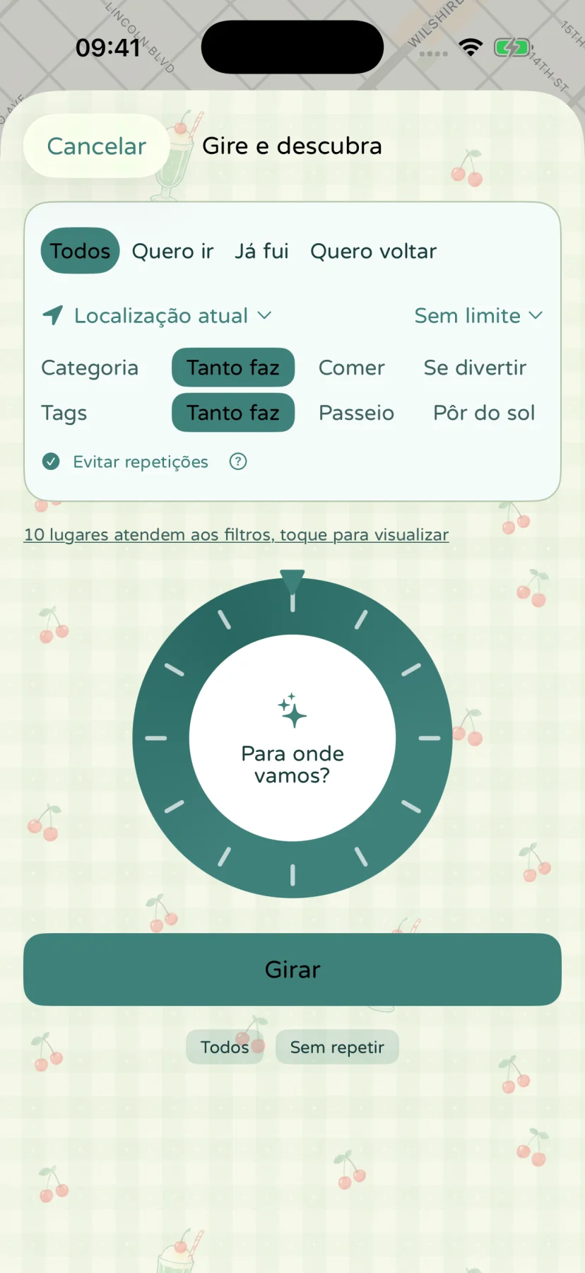 A tela em português de Gire e descubra com filtros de status, distância, categoria e tags, usando lugares fictícios